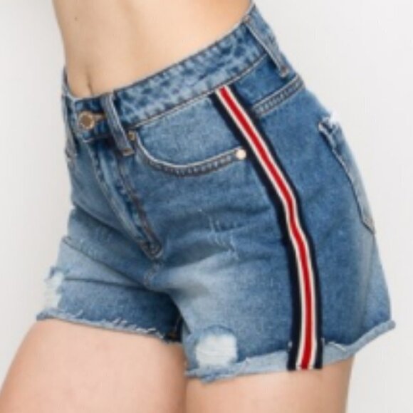 8th of LA High Waisted Jean Denim Shorts Distresse Stripe Trim Ribbon Raw Hem Sm - Picture 1 of 10
